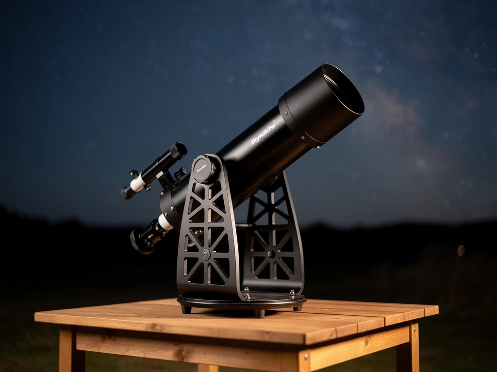 Skywatcher Heritage 130P Tischdobson auf einem Holztisch unter Sternenhimmel