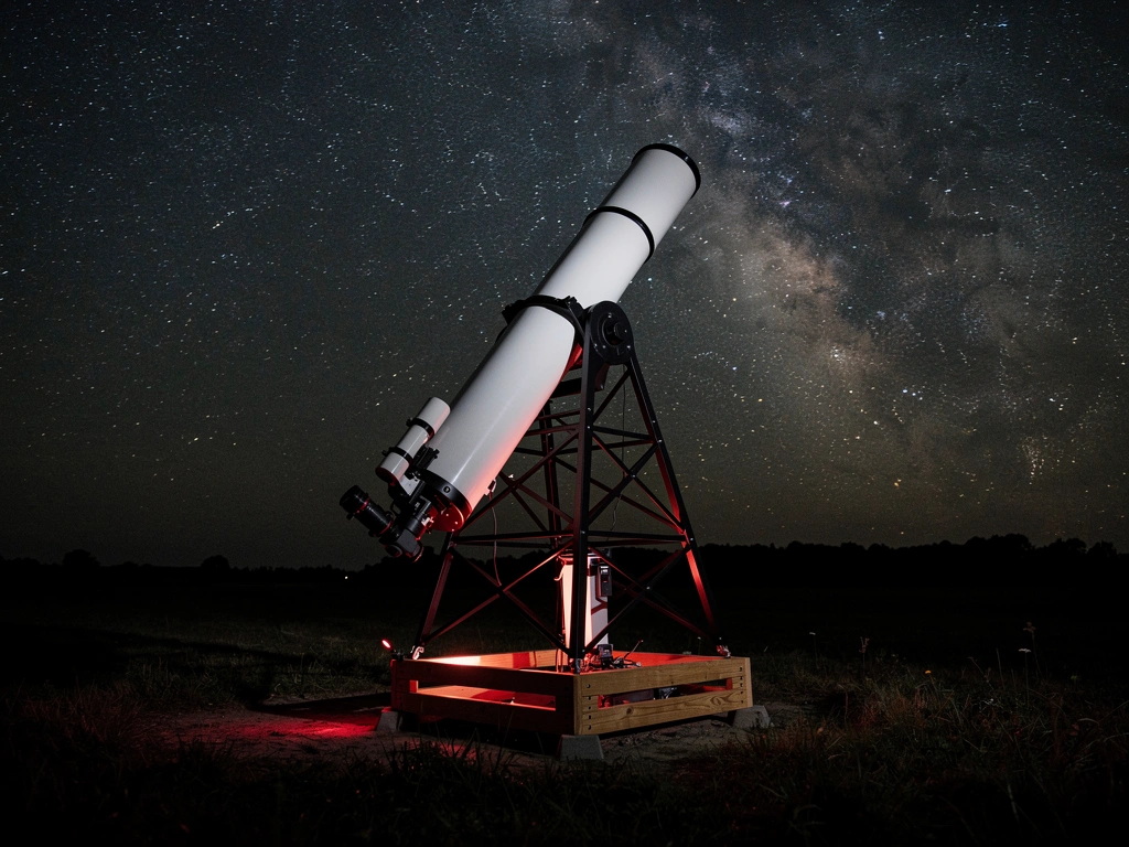 Grosses Dobson-Teleskop auf Wiese unter dunklem Sternenhimmel
