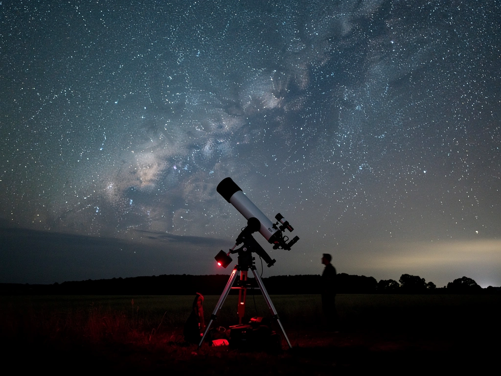Verschiedene Einsteigerteleskope nebeneinander auf einer Wiese bei Dämmerung