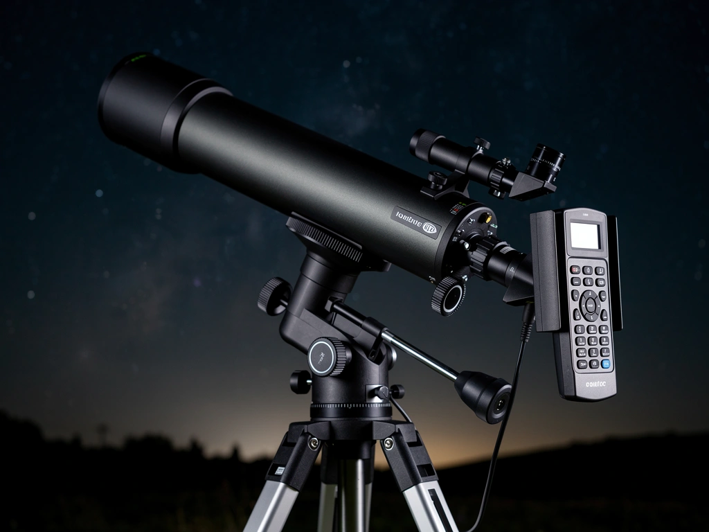 Teleskop mit GoTo-Handsteuerbox, Sternenhimmel im Hintergrund
