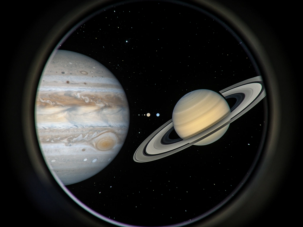 Jupiter und Saturn als Teleskop-Ansicht mit sichtbaren Details