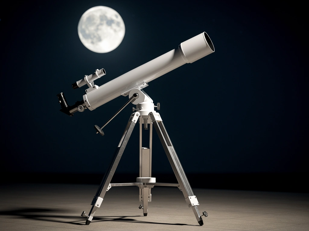 Weißer Refraktor auf Montierung bei Dämmerung, Mond im Hintergrund