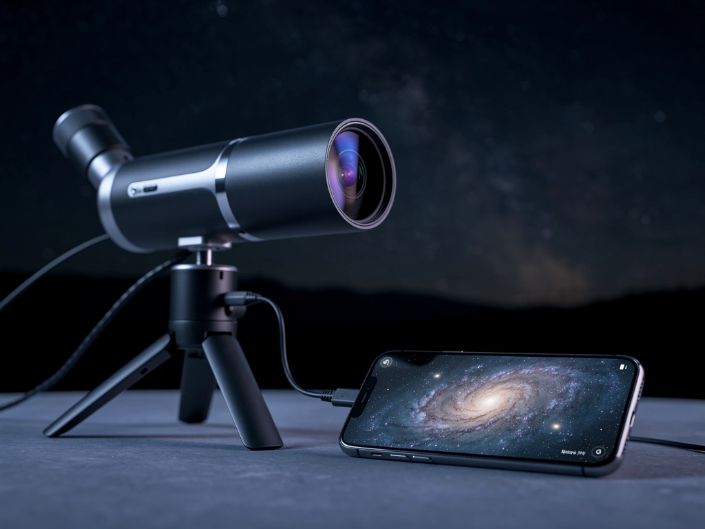 Smart-Teleskop auf Stativ unter Sternenhimmel, Smartphone mit Live-Stacking-Bild daneben