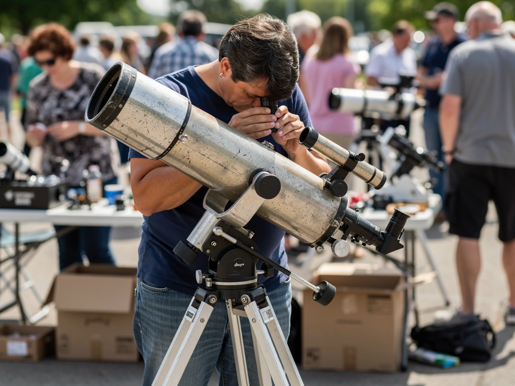 Gebrauchtes Teleskop auf einem Tisch mit Zubehör bei einer Sichtkontrolle