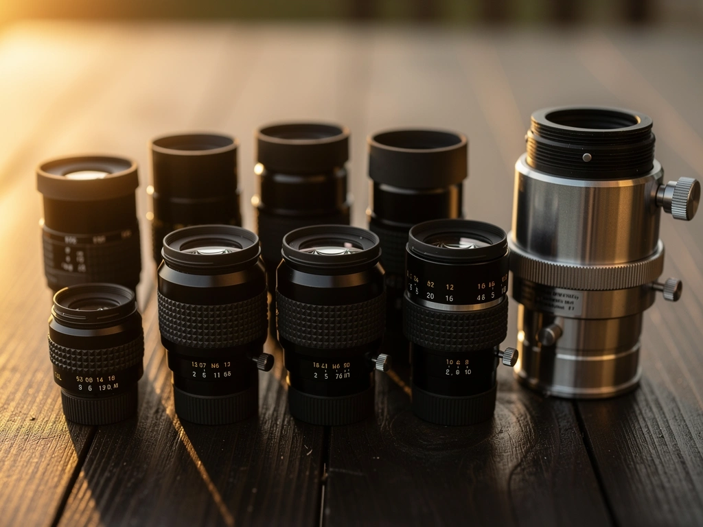 Teleskop-Okulare verschiedener Brennweiten nebeneinander auf einem Tisch